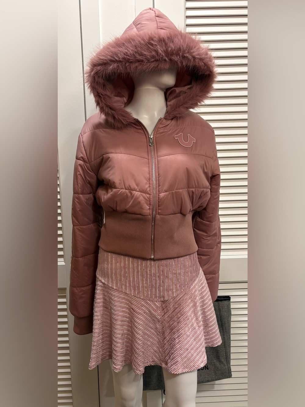 True Religion Faux Fur Shrunken Hooded Puffer Jacket in Dusty Rose